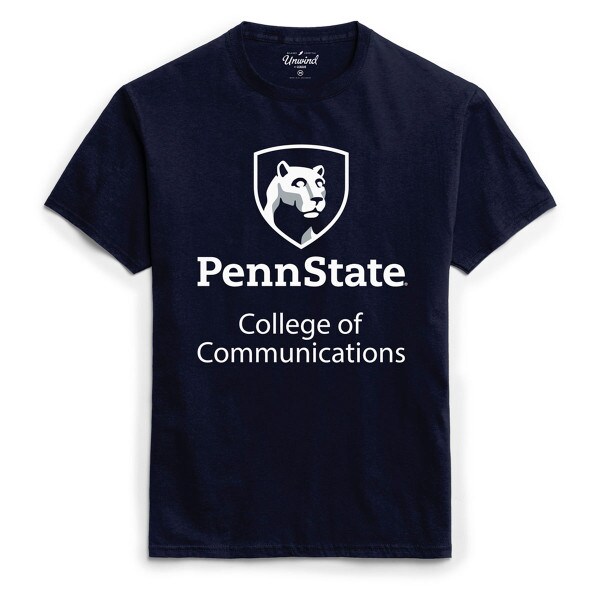 short sleeve navy t-shirt with Penn State College of Communications below Lion Shield graphic